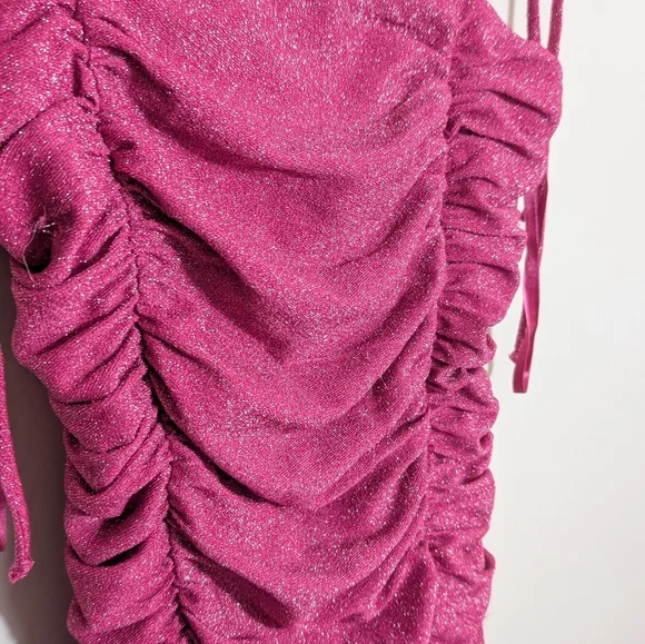 Jump Apparel Y2K Pink Metallic Sparkle Ruched Bodycon Mini Dress - Picture 3 of 7